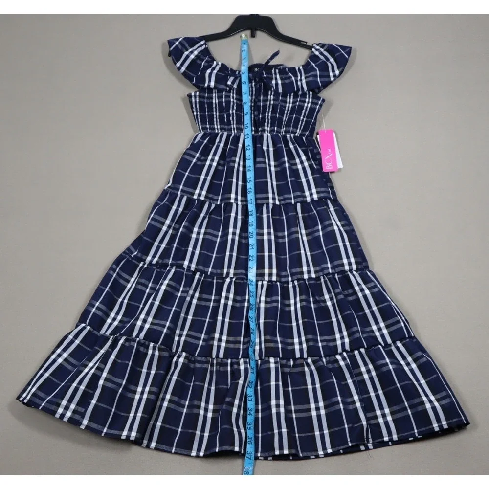 Beautees Big Girls Smocked Bodice Plaid Taffeta Tiered Maxi Dress - Navy- Size 7